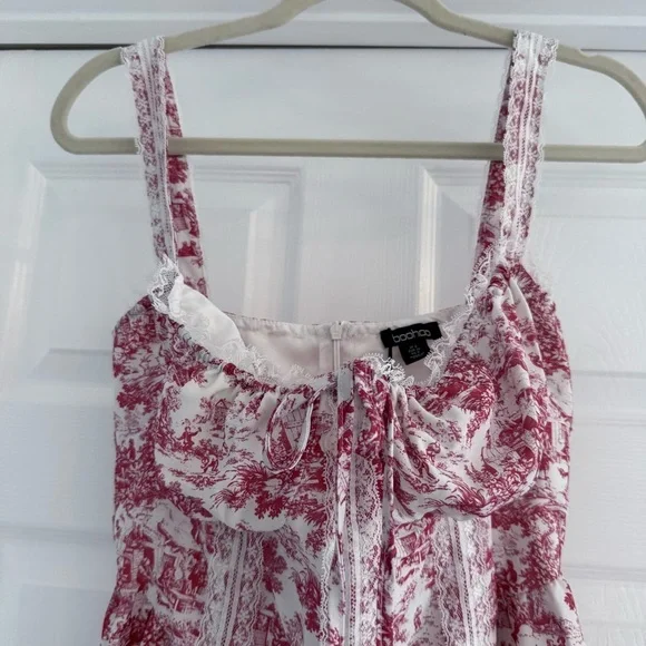 NWT BOOHOO Porcelain Toile Print Strappy Milkmaid Mini Dress 4 - Picture 5 of 10